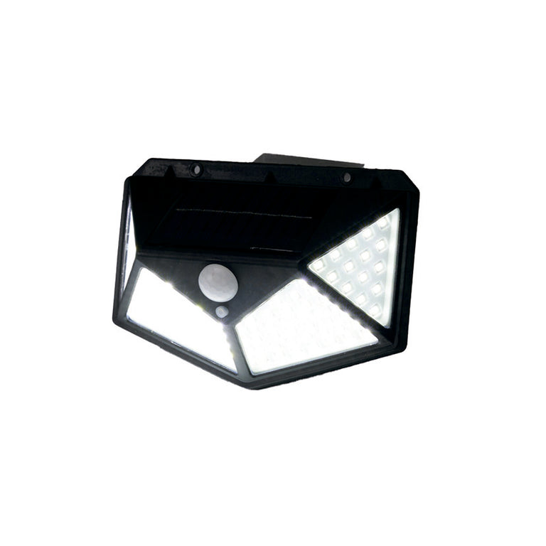 Aplique solar LED negro con sensor de movimiento PIR y paneles de iluminación multi-ángulo para exterior