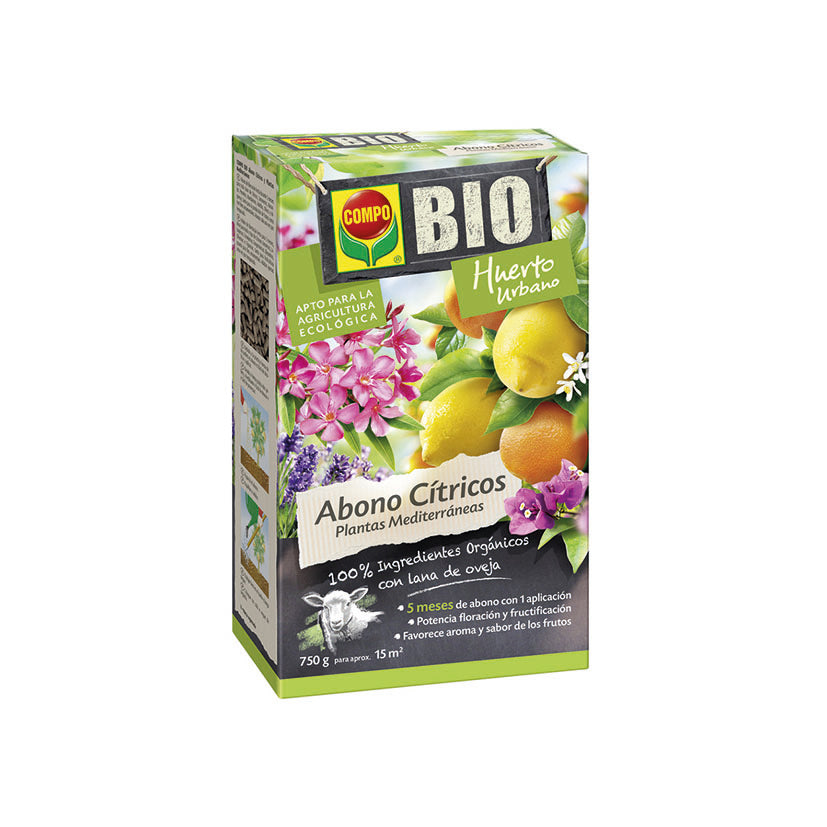 Caja de Abono Cítricos COMPO BIO de 750g con lana de oveja para agricultura ecológica y plantas mediterráneas