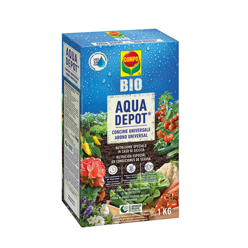 Caja de abono universal COMPO BIO Aqua Depot 1kg con tecnología de resistencia a la sequía y ahorro de agua