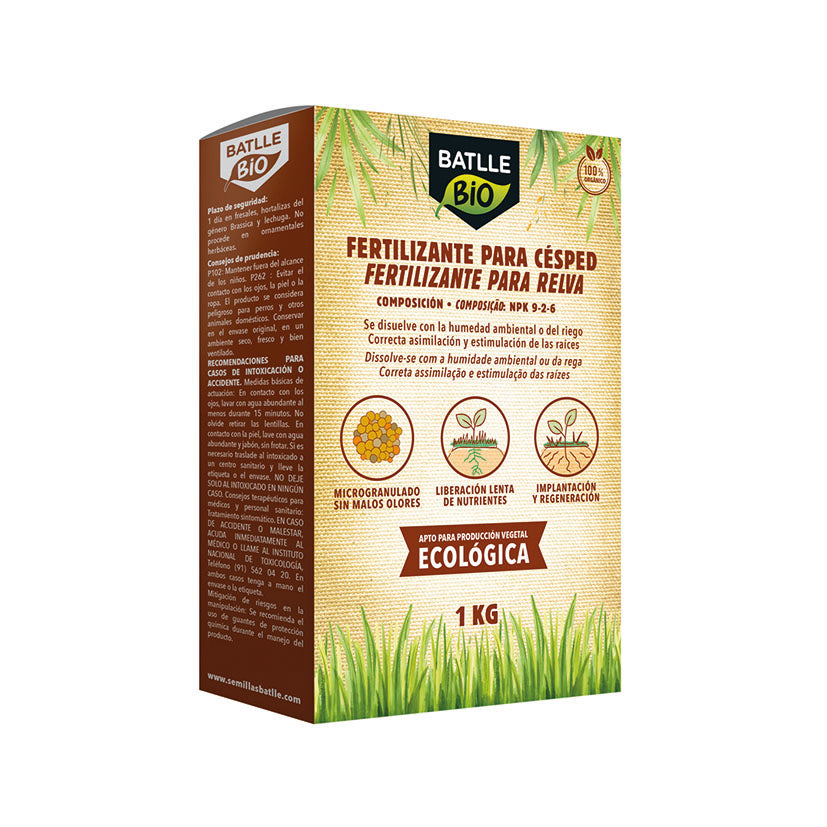 Envase de Fertilizante BATLLE BIO para césped 1kg, microgranulado ecológico NPK 9-2-6 de liberación lenta.