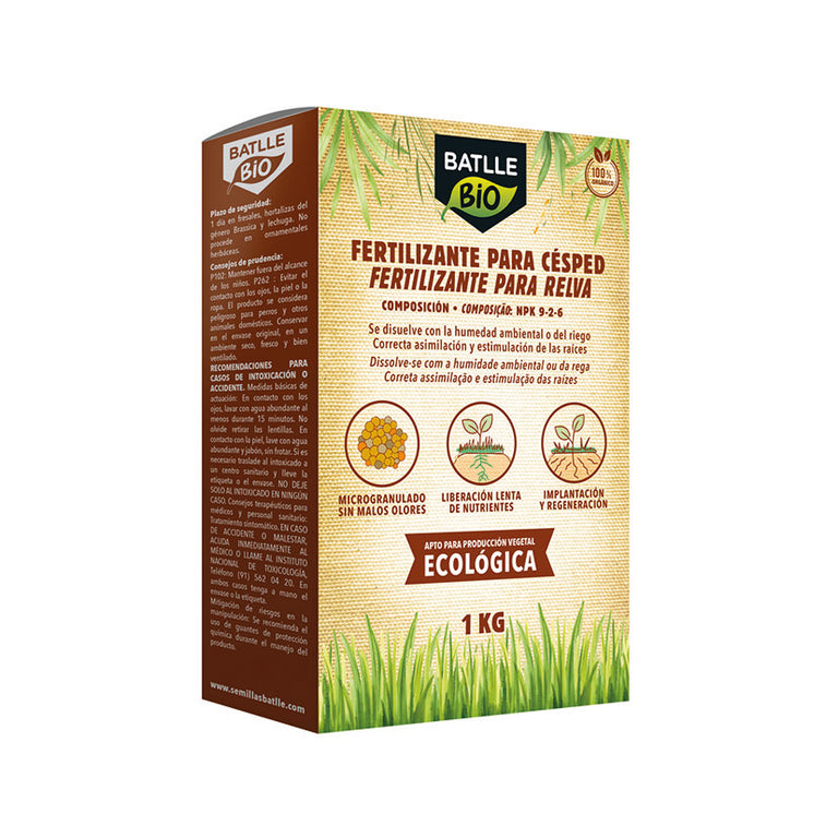 Envase de Fertilizante BATLLE BIO para césped 1kg, microgranulado ecológico NPK 9-2-6 de liberación lenta.