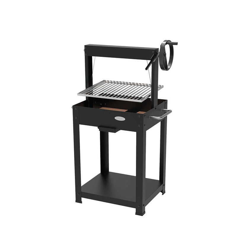 Barbacoa de carbón y leña Duramax C105 negra con sistema de elevación por manivela y estante inferior.