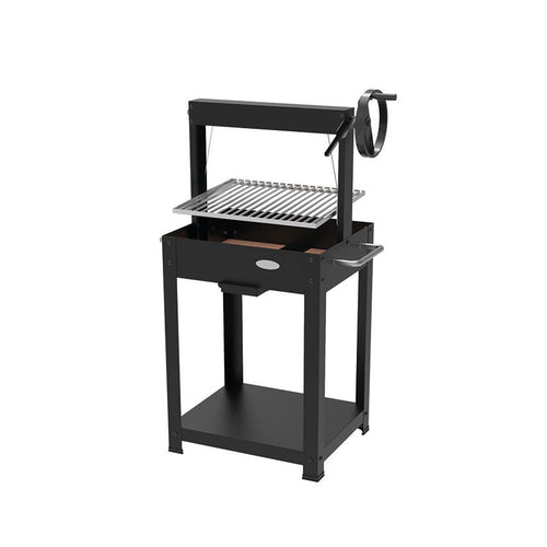 Barbacoa de carbón y leña Duramax C105 negra con sistema de elevación por manivela y estante inferior.