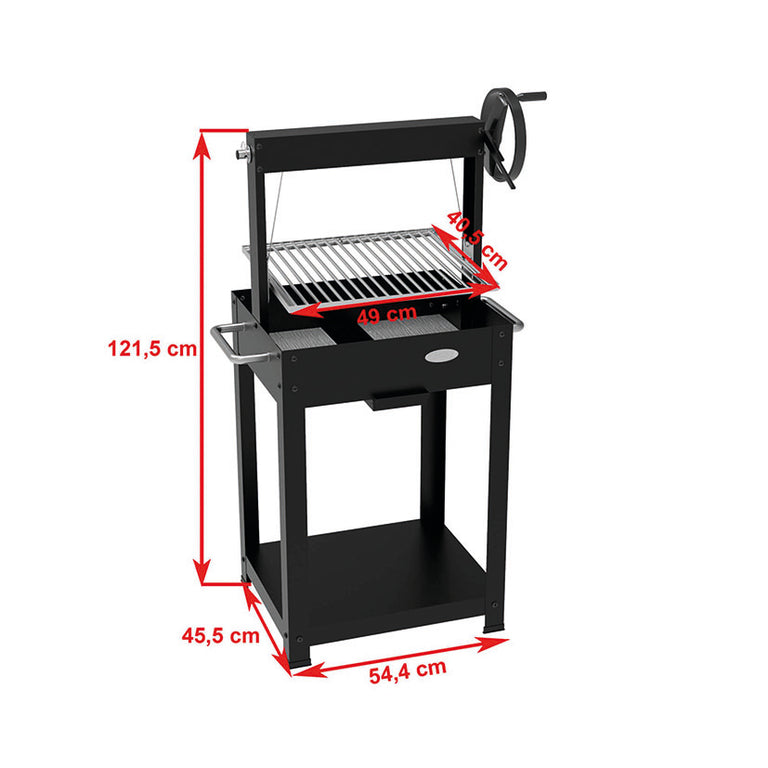 Dimensiones detalladas de la barbacoa Duramax C105: 121,5 cm de alto y parrilla de 49 x 40,5 cm.