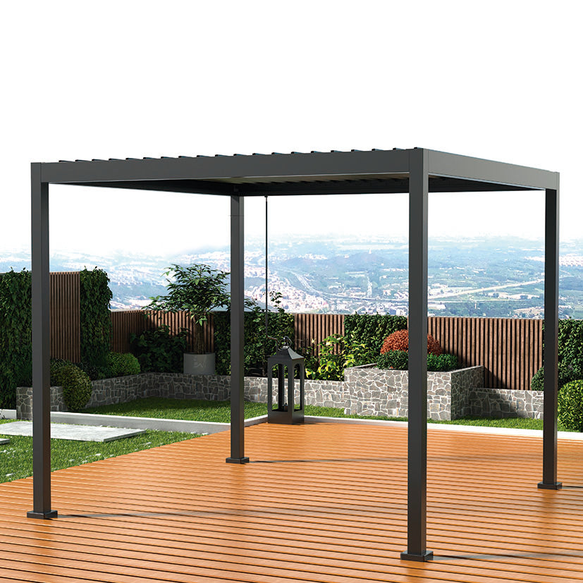 Pérgola bioclimática de aluminio gris antracita 3x3 metros instalada en terraza de madera