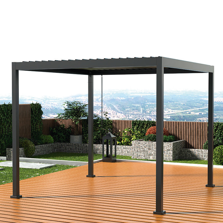 Pérgola bioclimática de aluminio gris antracita 3x3 metros instalada en terraza de madera