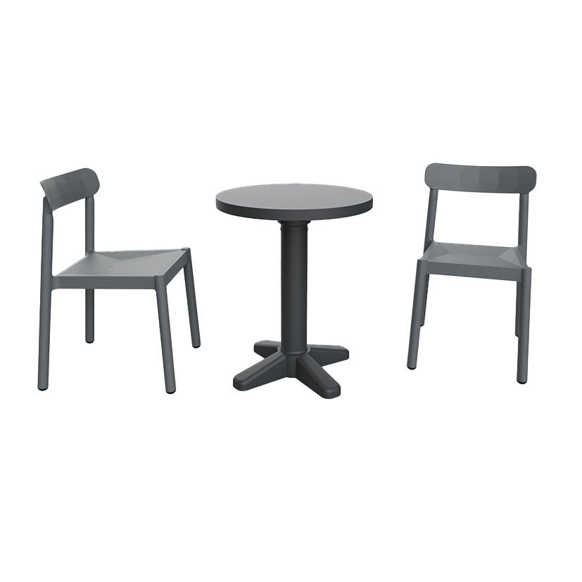 Conjunto de terraza RESOL IVY con mesa redonda y dos sillas de resina gris antracita sobre fondo blanco.