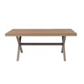 Mesa de exterior KMUS con estructura de aluminio gris y superficie de polimadera color madera natural.