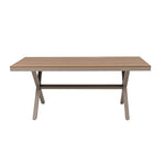 Mesa de exterior KMUS con estructura de aluminio gris y superficie de polimadera color madera natural.