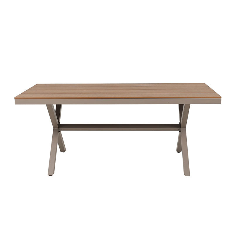 Mesa de exterior KMUS con estructura de aluminio gris y superficie de polimadera color madera natural.