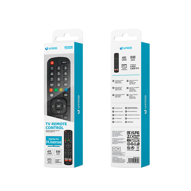 Mando a distancia UNICO para TV Hisense con botones de acceso directo a Netflix y YouTube.