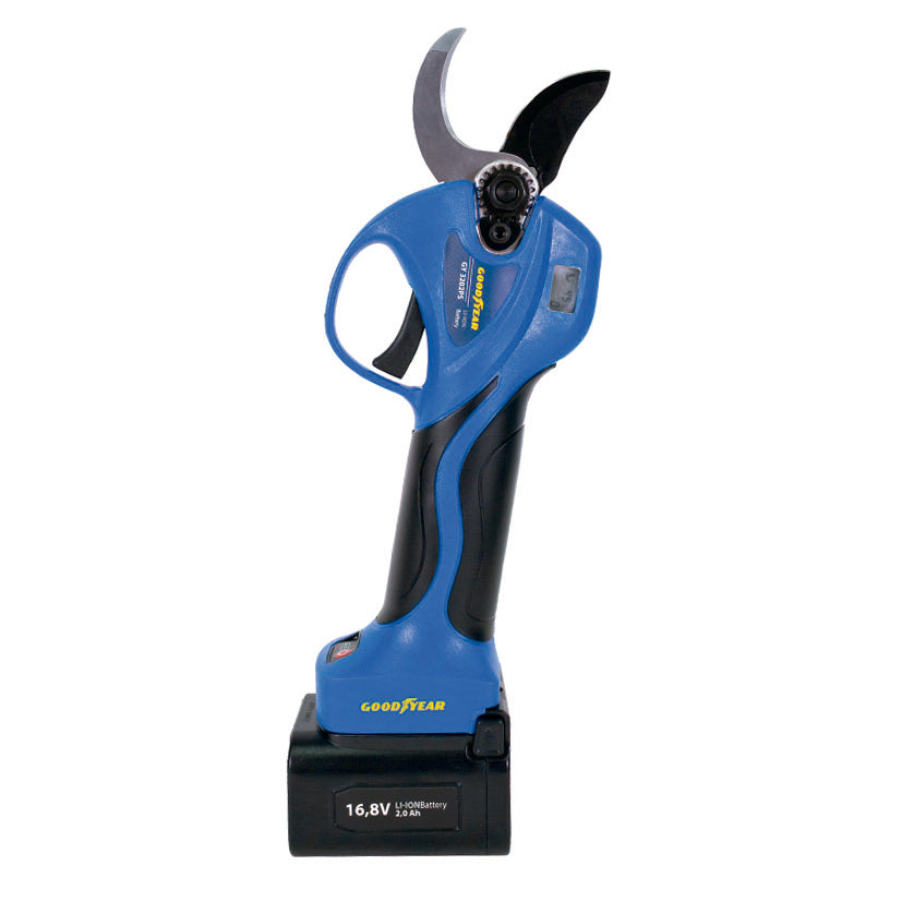 Tijera de poda eléctrica Goodyear GY3202PS azul con batería de litio 16.8V y pantalla digital LCD.