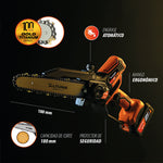 Infografía de motosierra Altuna AF180 destacando cadena de titanio, engrase automático y corte de 180mm.