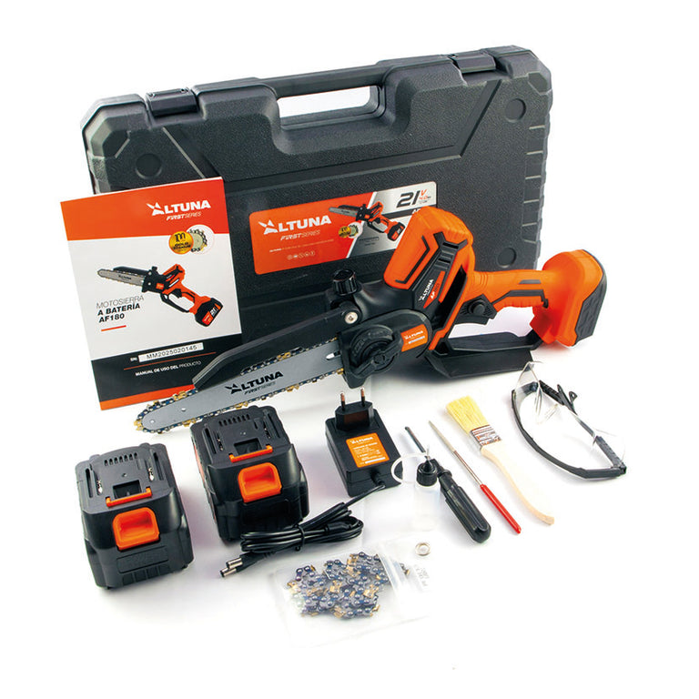 Kit completo Altuna AF180 con maletín, dos baterías de 4.0Ah, cargador, gafas y accesorios de mantenimiento.
