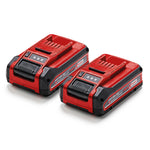 Pack de dos baterías Einhell 18V 4Ah Power X-Change Plus en color rojo y negro.
