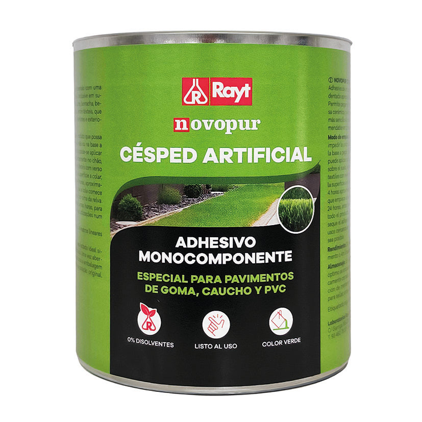 Bote de adhesivo monocomponente RAYT Novopur de 1kg para césped artificial, color verde y sin disolventes.