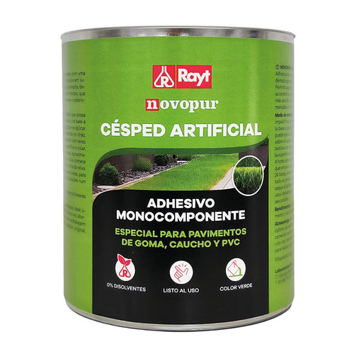 Bote de adhesivo monocomponente RAYT Novopur de 1kg para césped artificial, color verde y sin disolventes.