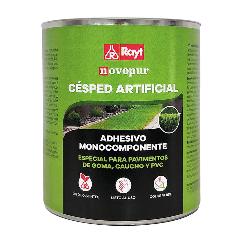 Bote de adhesivo monocomponente RAYT Novopur de 1kg para césped artificial, color verde y sin disolventes.