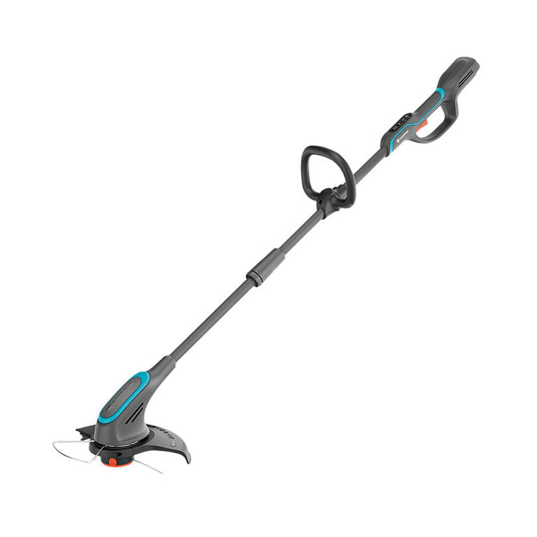 Cortabordes a batería GARDENA PowerTrim 30 18V con mango ergonómico ajustable y cabezal de corte de precisión.