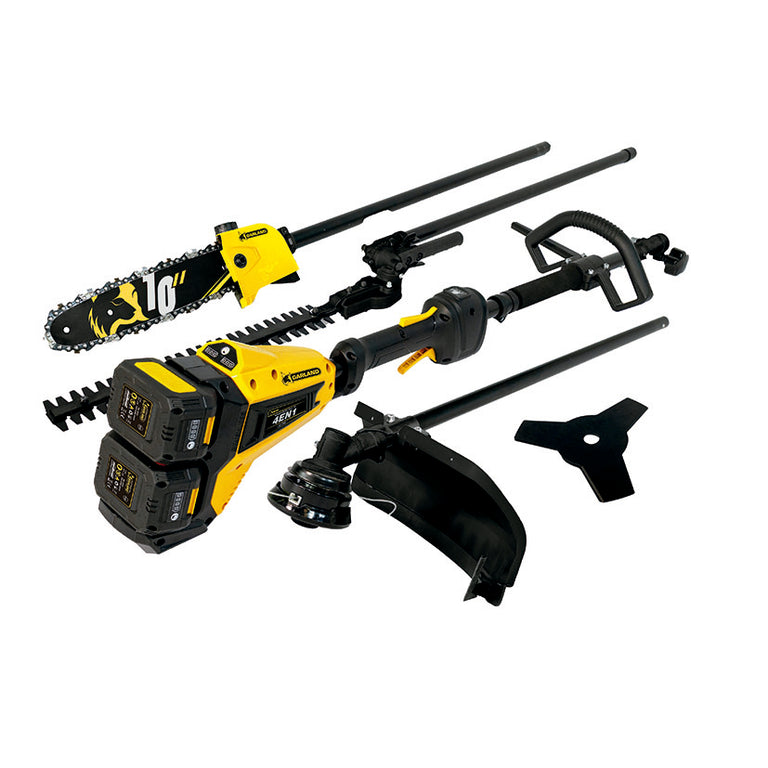 Multiherramienta Garland Tasker Keeper 4 en 1 con accesorios de podadora, cortasetos y desbrozadora a batería 40V.