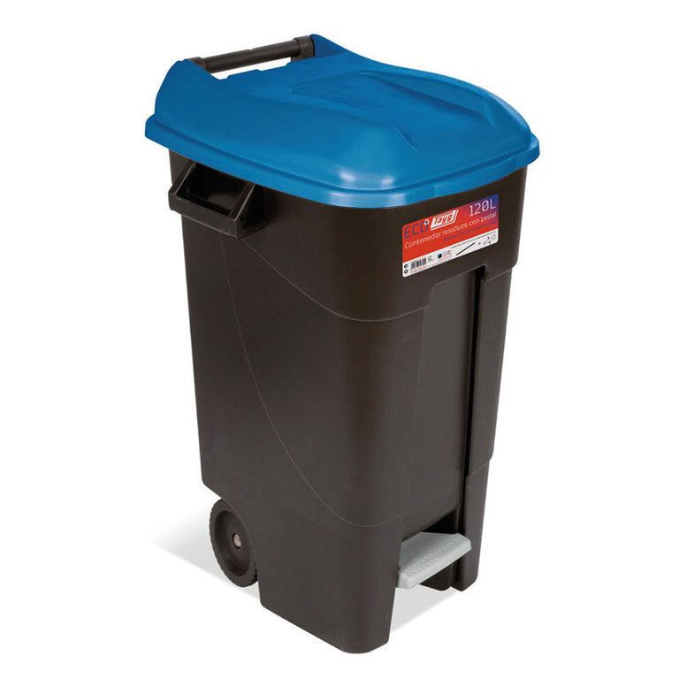 Cubo de basura industrial Tayg Eco 120 litros con tapa azul, sistema de pedal y ruedas de transporte.
