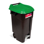 Contenedor comunal Tayg Eco 120L con tapa verde para vidrio, incluye pedal de apertura y ruedas robustas.