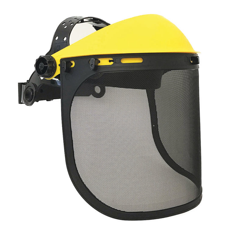 Pantalla facial forestal FARU A25 con rejilla metálica negra, visera amarilla y arnés ajustable para protección.