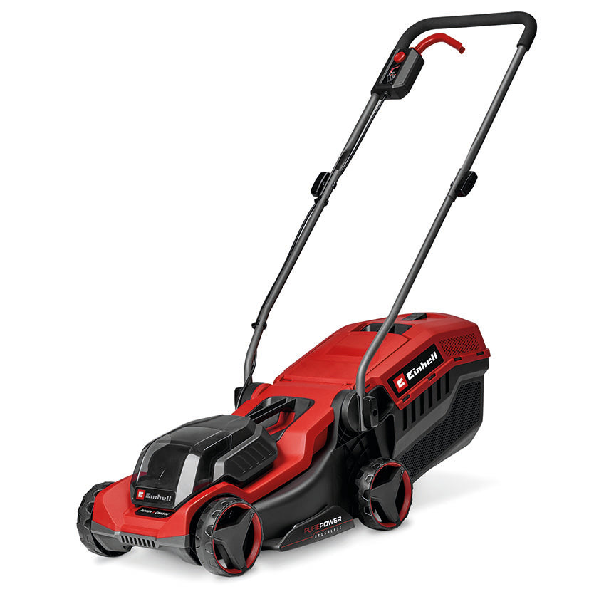 Cortacésped a batería Einhell GE-CM 36/33 Li rojo y negro con motor PurePower Brushless y diseño compacto.