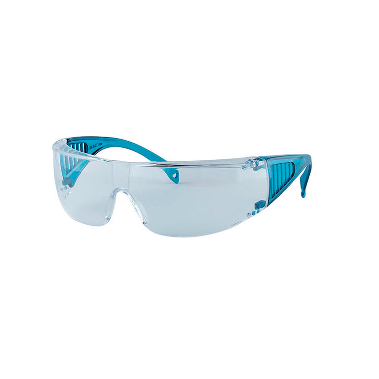 Gafas de protección FUSIONNA Beta con lentes transparentes antiempañantes y montura azul ergonómica.