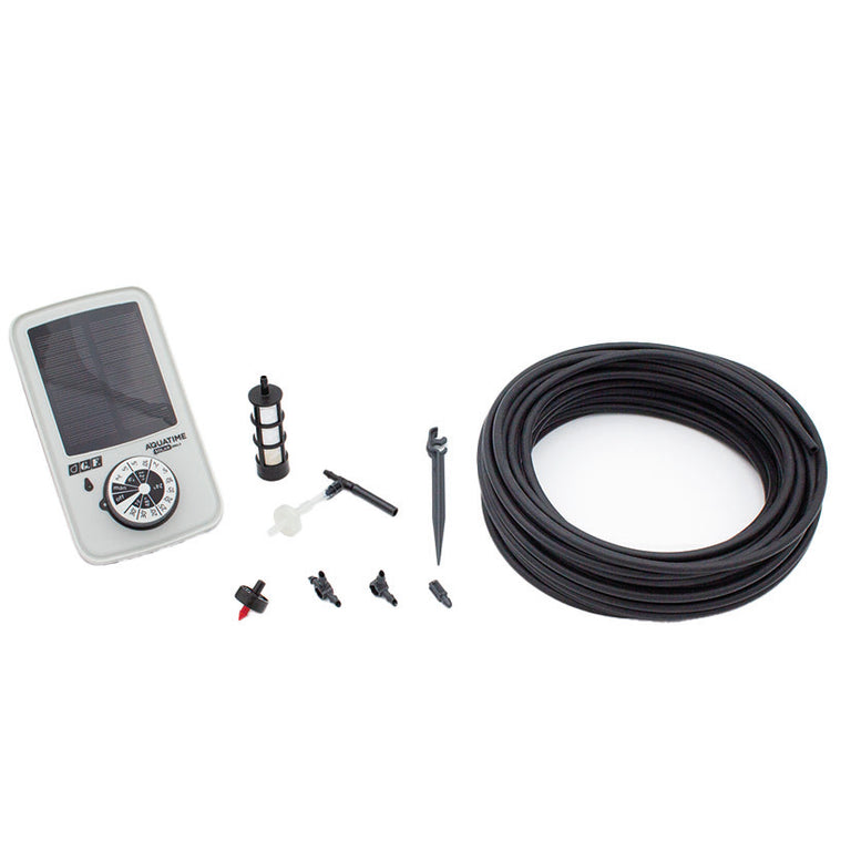 Kit de riego solar G.F. Aquatime con programador, tubo de 20m y accesorios para 20 macetas.