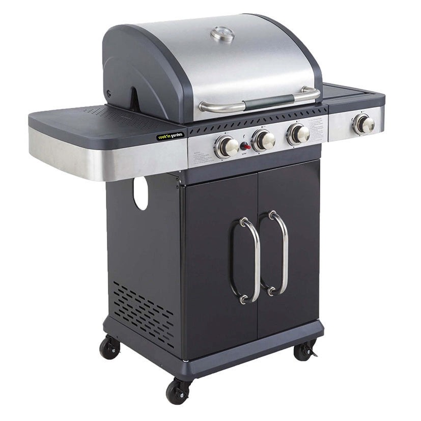 Barbacoa de gas Cook'in Garden Fidgi 3 de acero inoxidable con tapa y termómetro.