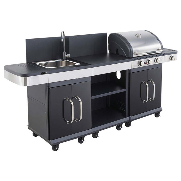 Cocina de exterior modular completa Fidgi con barbacoa, fregadero y mesa de trabajo.