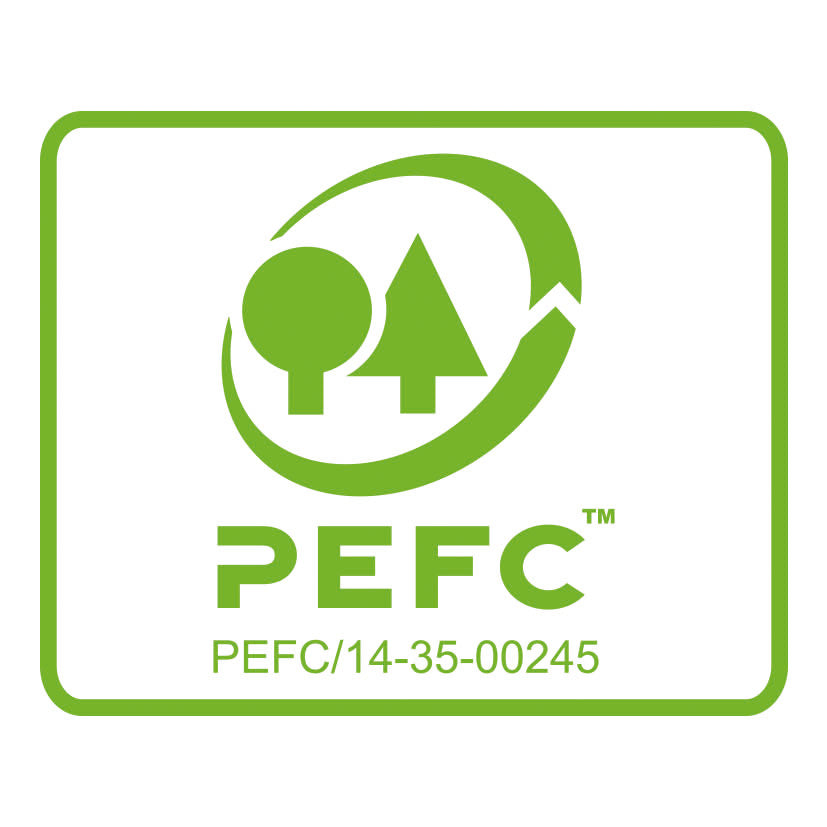 Logotipo de certificación PEFC que garantiza el origen sostenible de la madera del mango RATIO.