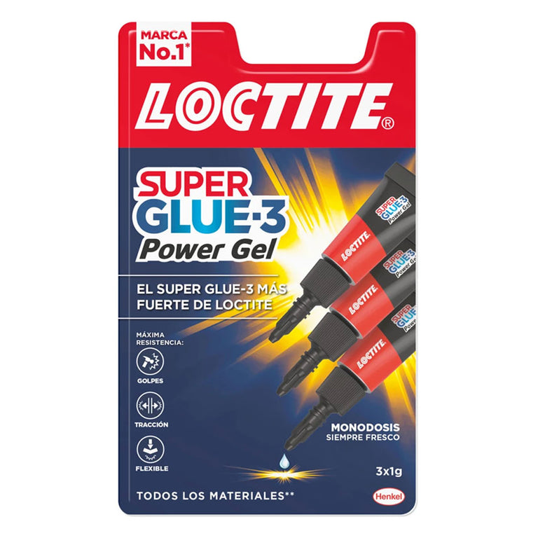 Blíster Loctite Super Glue-3 Power Gel Mini Trio 3x1g adhesivo flexible antigoteo