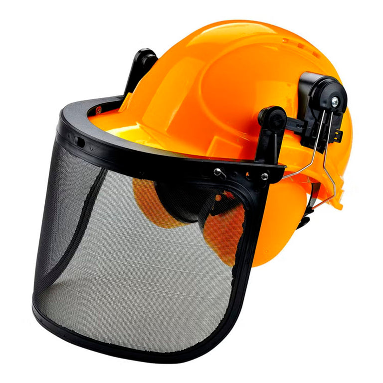 Casco forestal FARU naranja con visera de malla y protectores auditivos negros para trabajos de poda