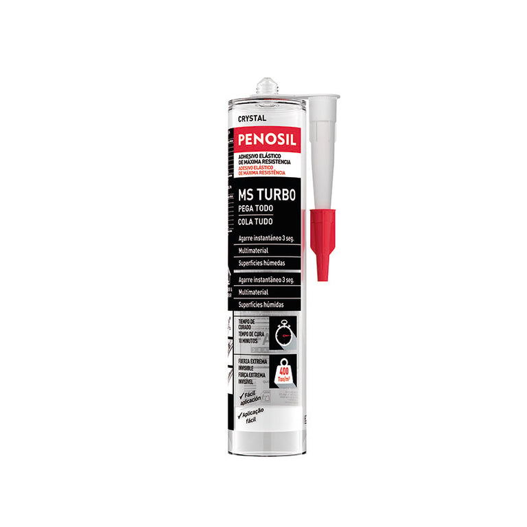 Cartucho de adhesivo transparente Penosil MS Turbo Crystal 290ml con boquilla aplicadora y tapa roja.