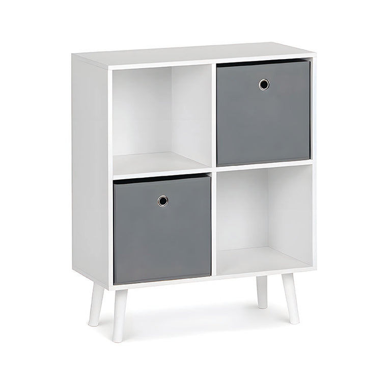 Estantería de cubos blanca con 2 compartimentos abiertos y 2 cajones grises.
