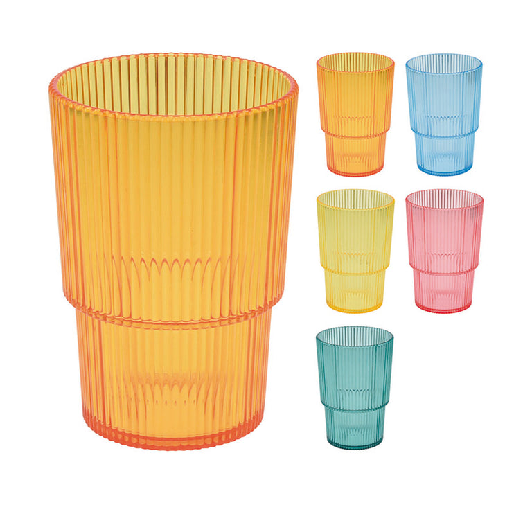 Vaso de poliestireno Stripes alto capacidad 475ml en color naranja con diseño de rayas verticales.