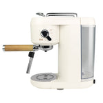Cafetera espresso JOCCA Nature 2781 color crema con acabados en madera y depósito de agua transparente lateral.