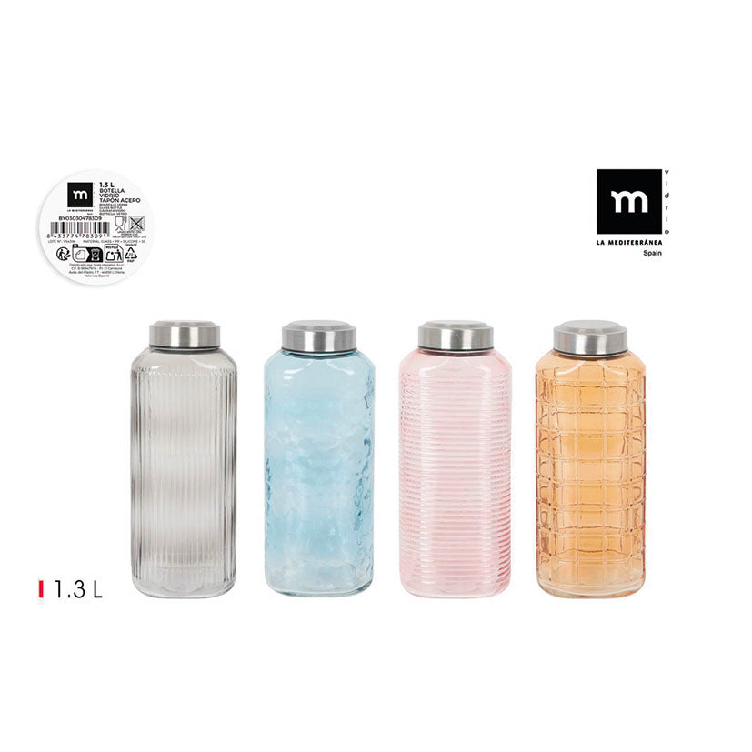 Botellas de cristal de 1,3 litros con cierre metálico en colores surtidos.