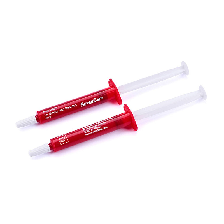 Detalle de las dos jeringas de cebo natural Swissinno SC01 para control de roedores.