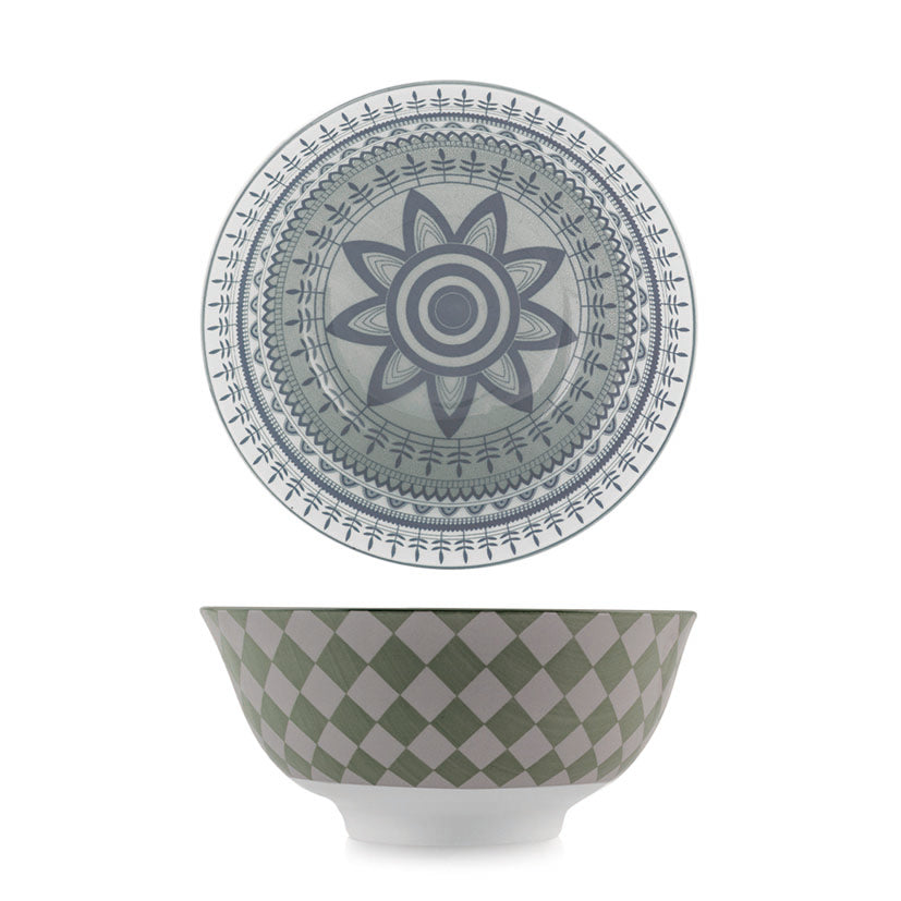 Bol de porcelana con exterior de rombos verdes e interior con mandala floral gris