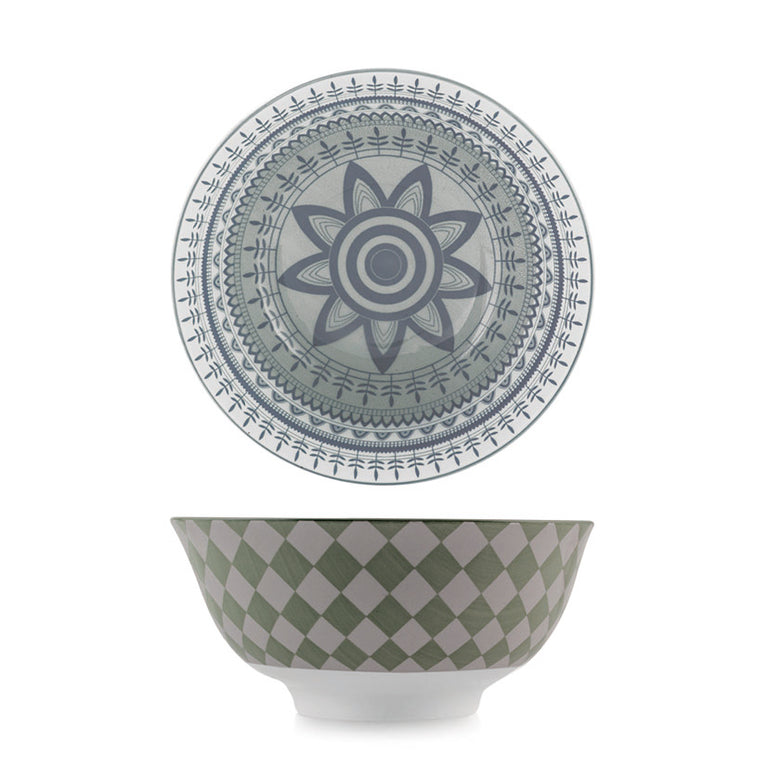 Bol de porcelana con exterior de rombos verdes e interior con mandala floral gris
