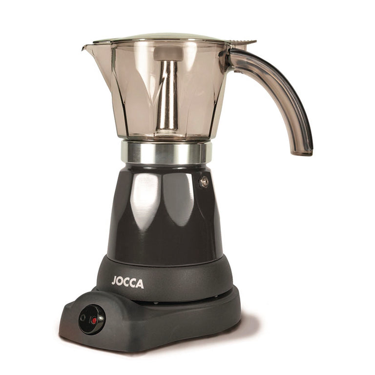 Cafetera eléctrica italiana JOCCA 5449N negra con jarra superior transparente y base giratoria de 360 grados.