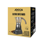 Caja original del producto Cafetera Eléctrica JOCCA mostrando características técnicas y capacidad para 6 tazas.