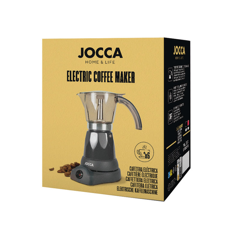 Caja original del producto Cafetera Eléctrica JOCCA mostrando características técnicas y capacidad para 6 tazas.