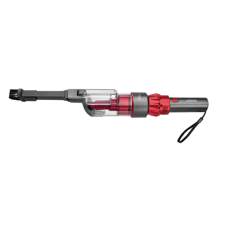 Aspirador portátil UFESA UH5 diseño compacto en color gris y rojo con depósito de suciedad transparente de 140ml.