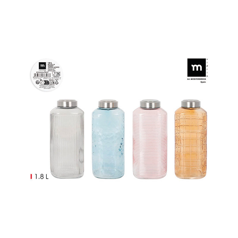 Botellas de vidrio La Mediterránea de 1,8 litros con diferentes relieves decorativos.