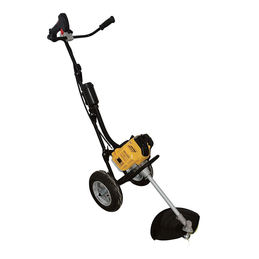 Desbrozadora de gasolina Garland Best 901 TG-V25 con ruedas, motor amarillo de 51,7cc y manillar ergonómico.