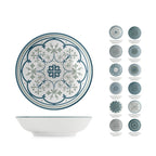 Colección de boles y platos Nora con diversos estampados geométricos en azul y gris